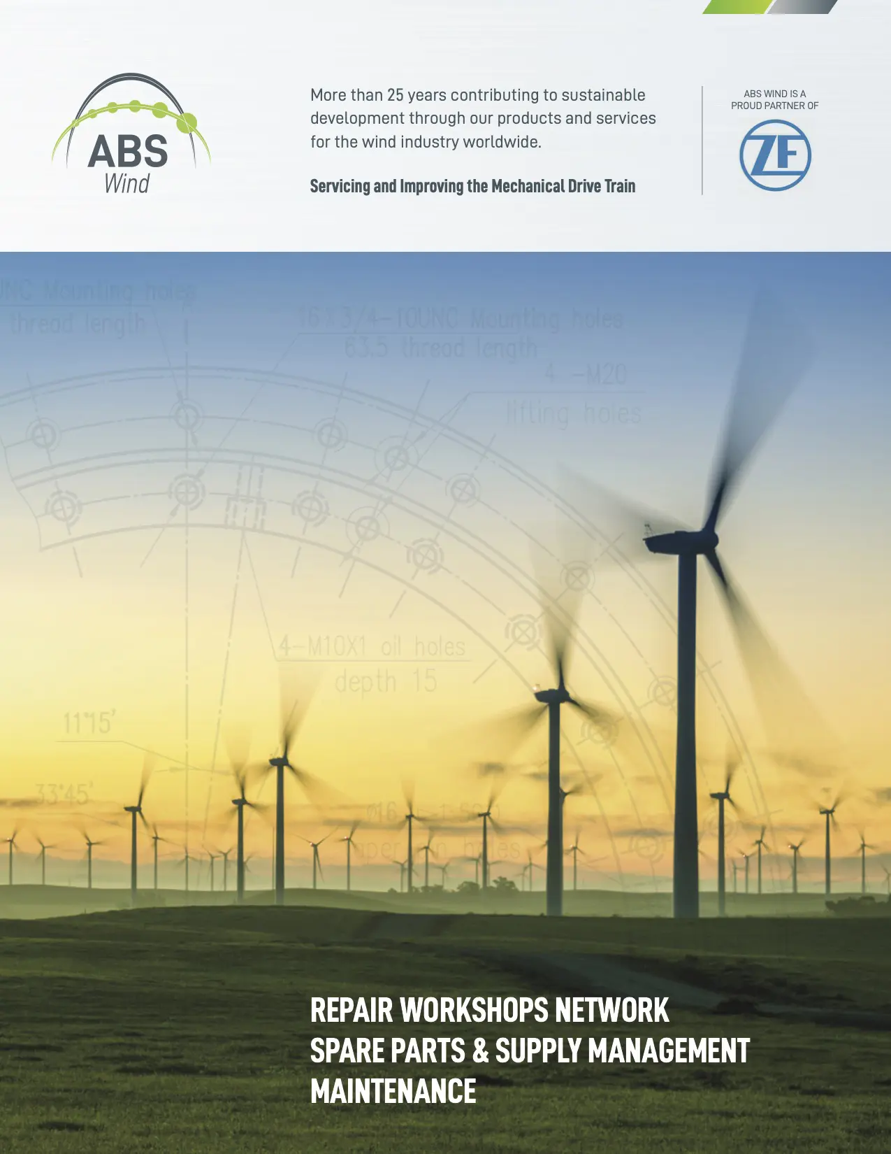 ABS Wind global brochure cover showcasing wind turbine drivetrain engineering, repair and supply solutions